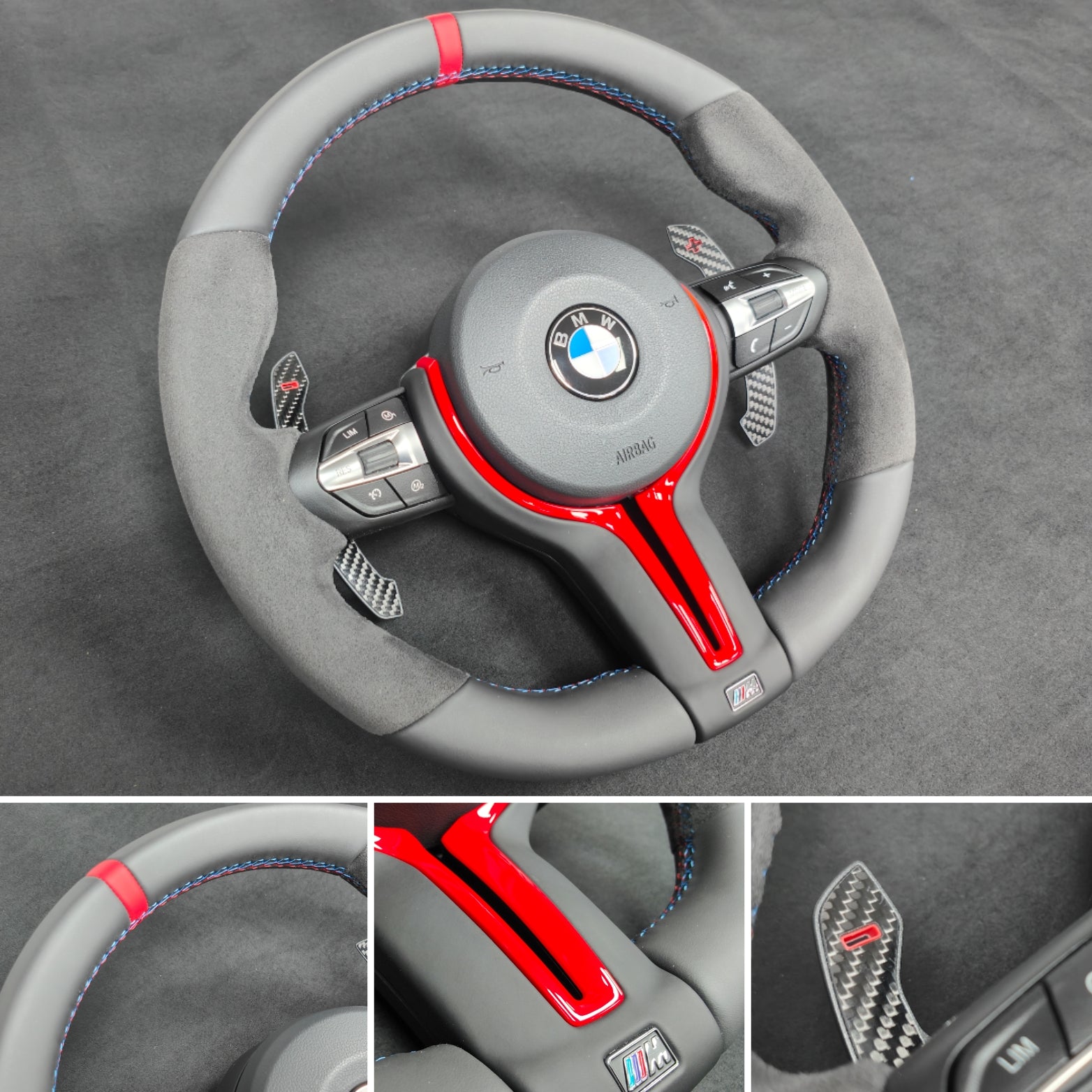 BMW F-SERIES NAPPA LEATHER TRI-STITCH / ALCANTARA / RED RING STEERING WHEEL - BMW 1 2 3 4 5 X SERIES (CUSTOM)